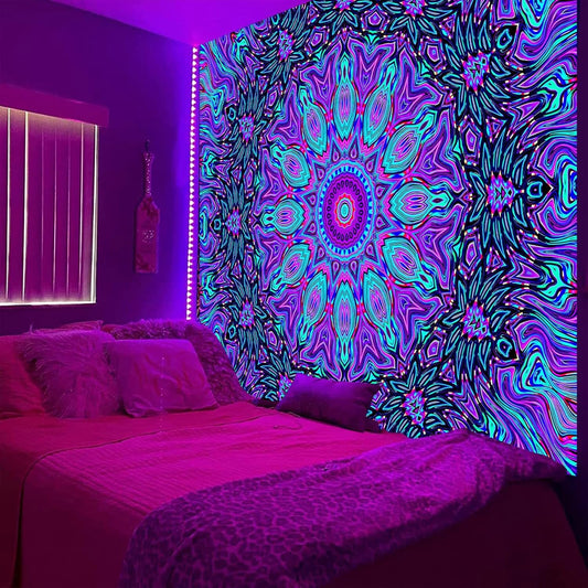PSYHILAR Blacklight Mandala Tapestry for Bedroom, Psychedelic Black Light Posters for Adults and Teens, Neon UV Reactive Aesthetic Bohemian Art Wall Hanging Decor (80 x 60 Inches)