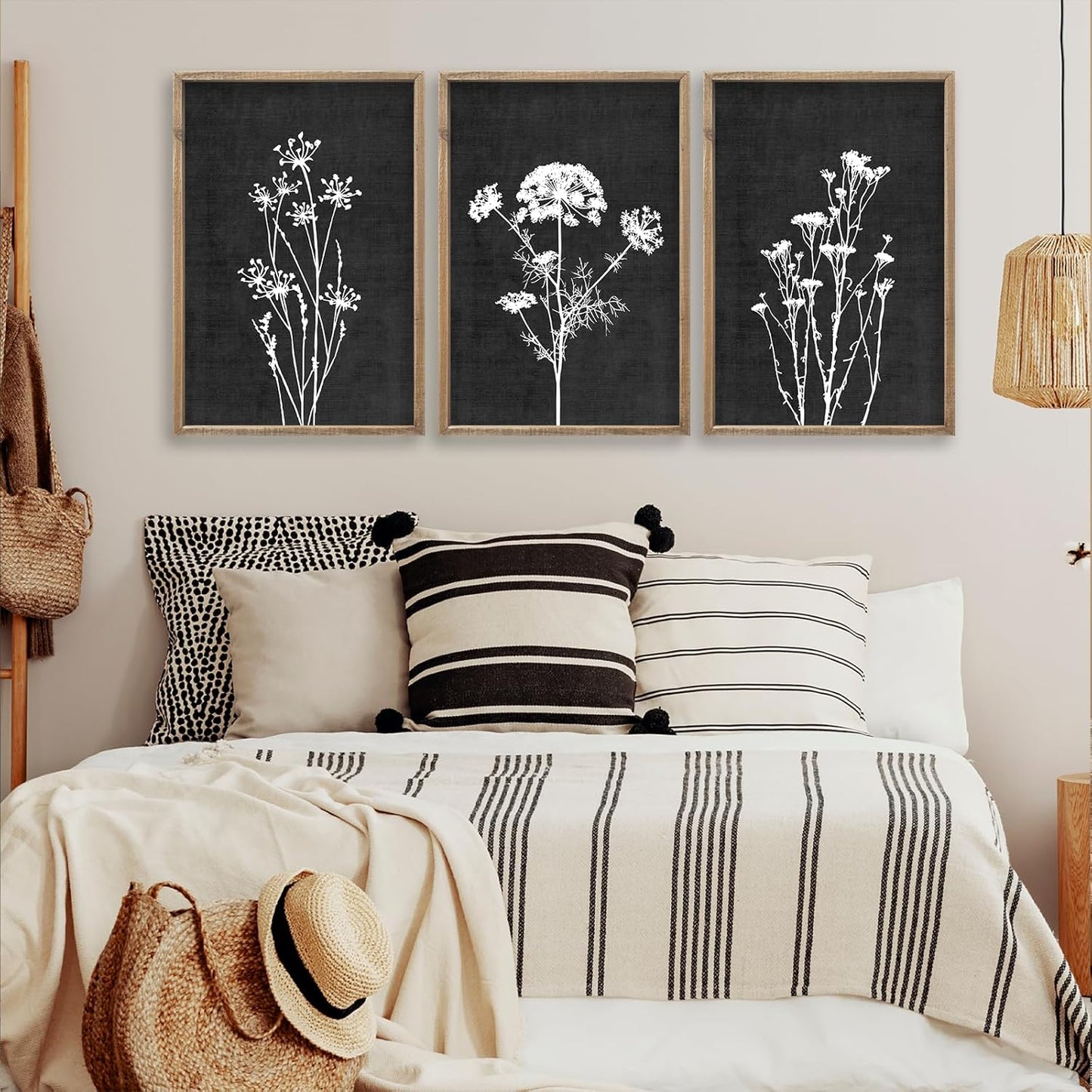 Flower Plant Wall Art Decor 16"x11" Set of 3 Black And White Botanical Painting Wood Framed For Minimalist Bedroom Office Rustic Living Room Abstract Wildflower Sign Hanging (Wood Black)