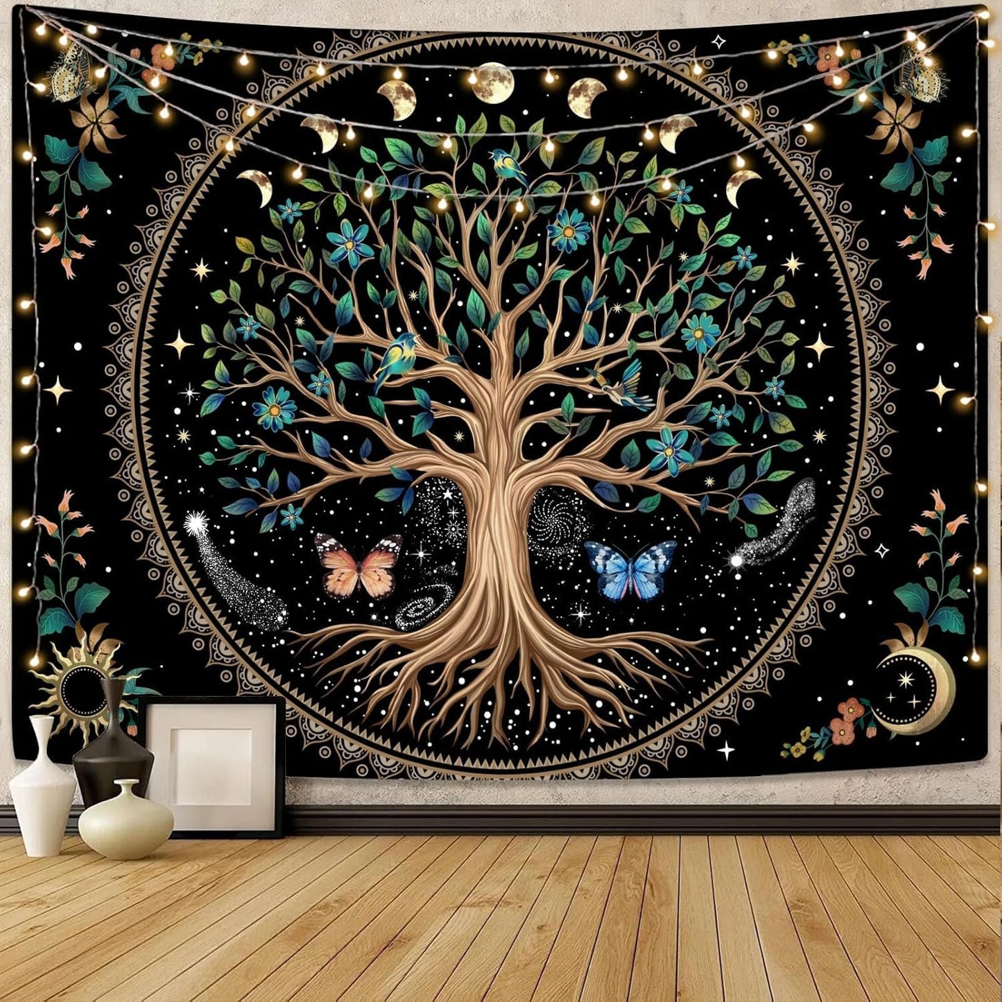 Lunerfex Tree of Life Tapastry Sun and Moon Tapastry Flower Boho Tree Mandala Wall Hanging for Bedroom and Living Room Decor Green Tree 36×48 Inches