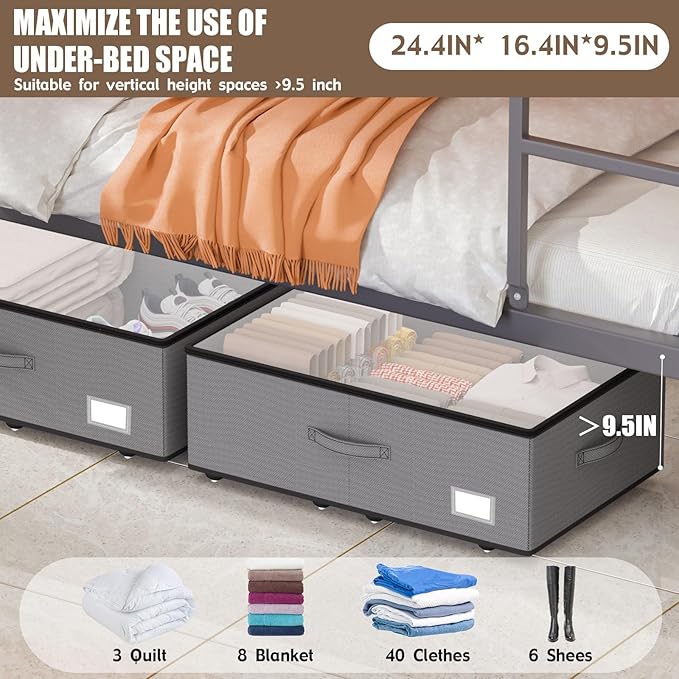 Under Bed Storage with Wheels, No Assemble Required 10 inches height Under Bed Storage bins,Large capacity Rolling Under bed Shoe Storage containers，dorm under bed storage drawers