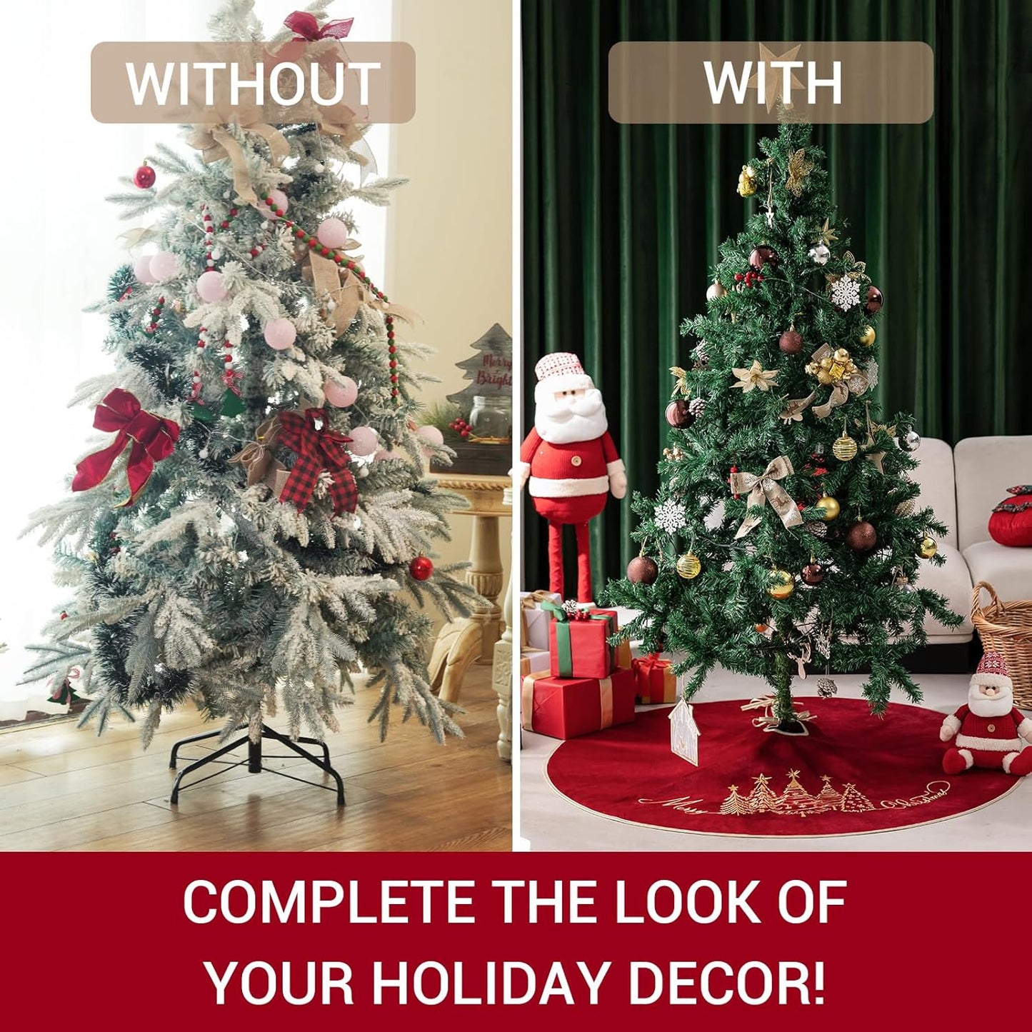 CROWNED BEAUTY Christmas Tree Skirt Red Velvet Collar 50 Inch Embroidered Gold Pine Trees Soft Plush Fur Holiday Decoration (Red) TS36-50