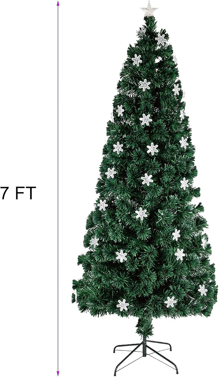 Juegoal 7 ft Pre-Lit Optical Fiber Christmas Artificial Tree, with LED RGB Color Changing Led Lights, Snowflakes and Top Star, Festive Party Holiday Fake Multicolor Xmas Tree with Sturdy Metal Legs