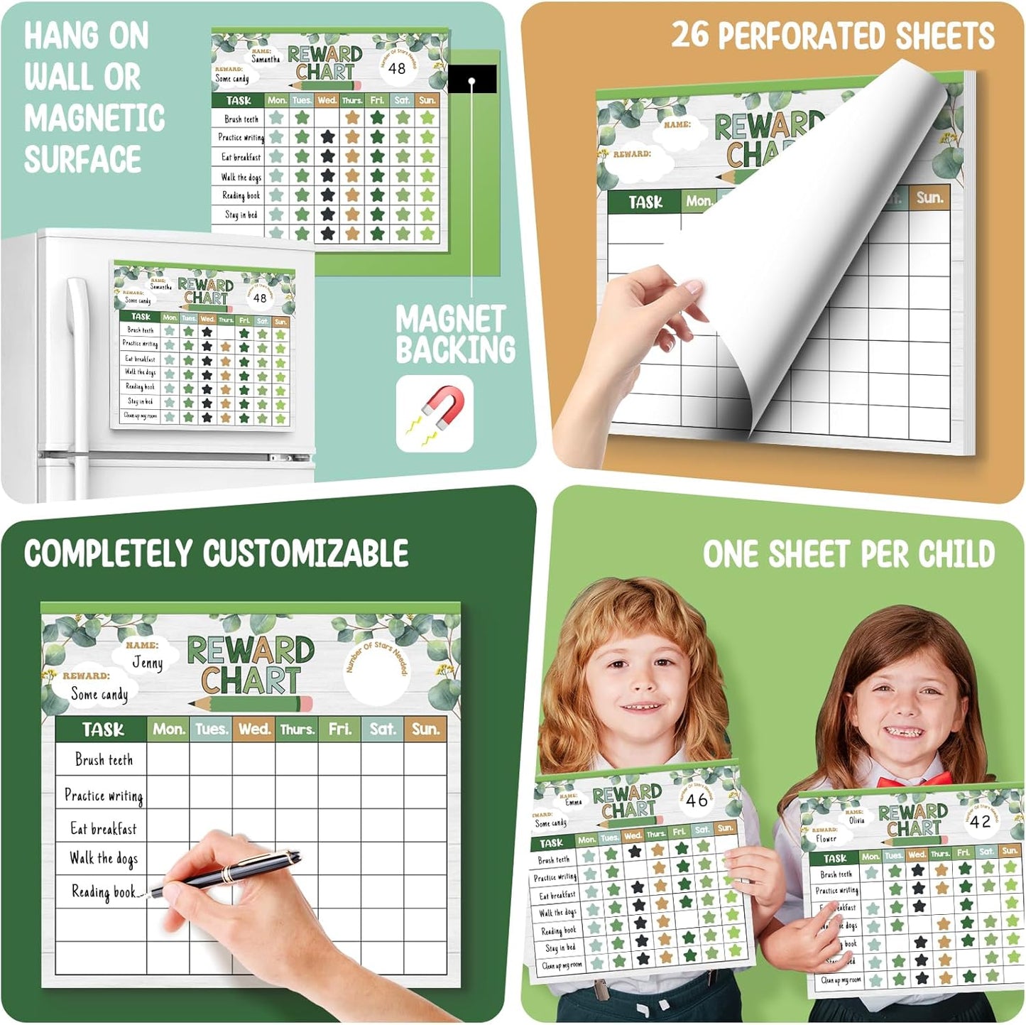 Reward Chart for Kids,Magnetic Behavior Chore Chart for Kids at Home,26 Eucalyptus Chore Charts,1960 Star Stickers,56 Reward Stickers,Incentive Chart to Develop Responsibility and Good Habits,Greenery