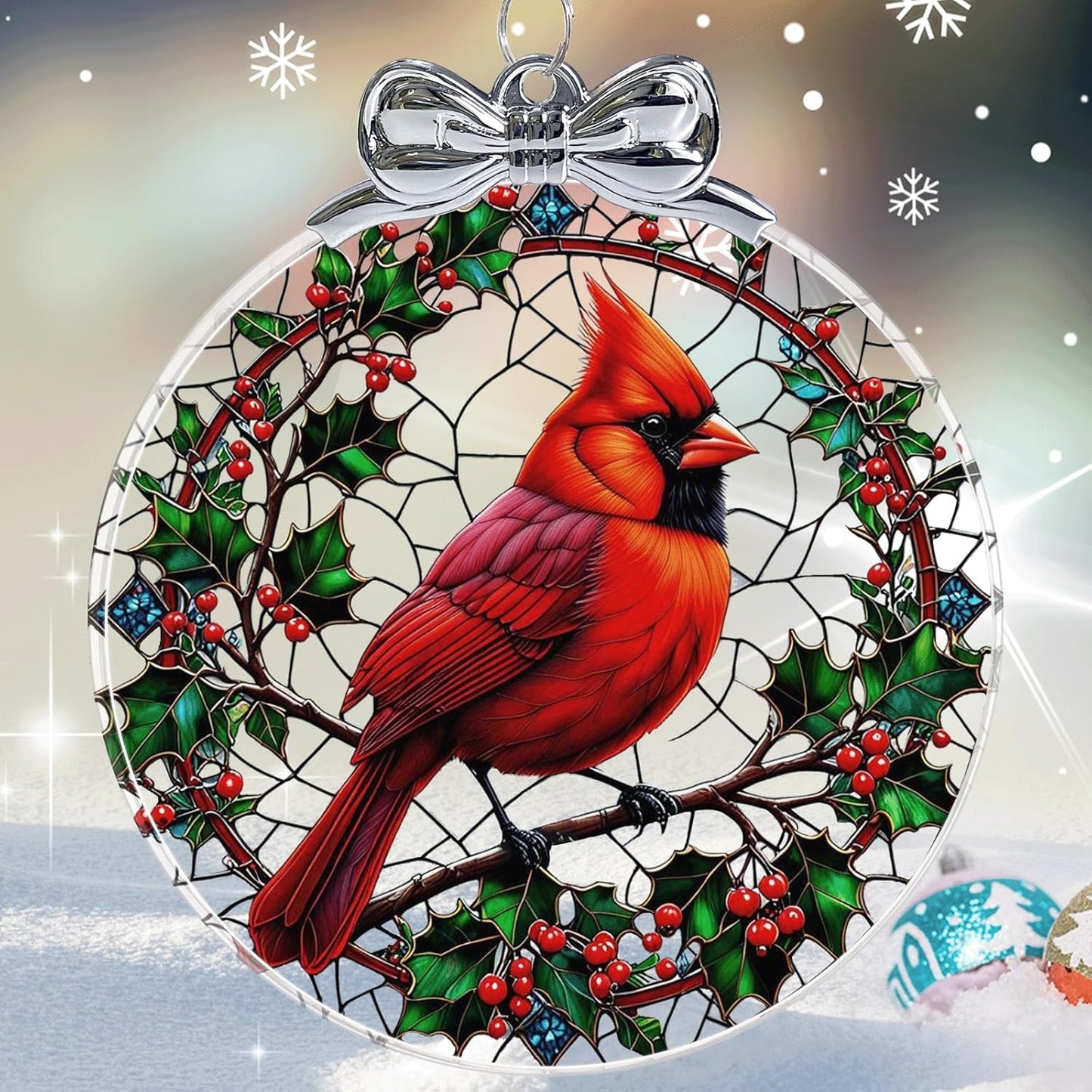 Cardinal Stained Glass Christmas Ornament - Hanging Ornaments for Christmas Tree Decorations - Red Cardinal Memorial Gifts for Loss of Loved One