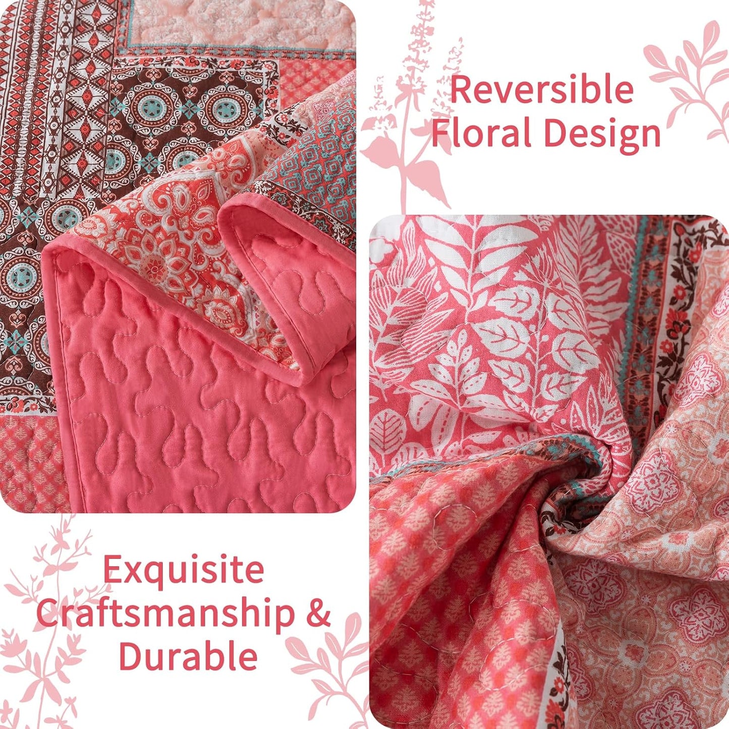 VAPUTAR Cotton King Size Quilt Bedding Sets, Pink King Bedspread Lightweight Quilted Reversible Coverlets Farmhouse 3 Pieces King Quilt Set Suitable for All Seasons Decoration