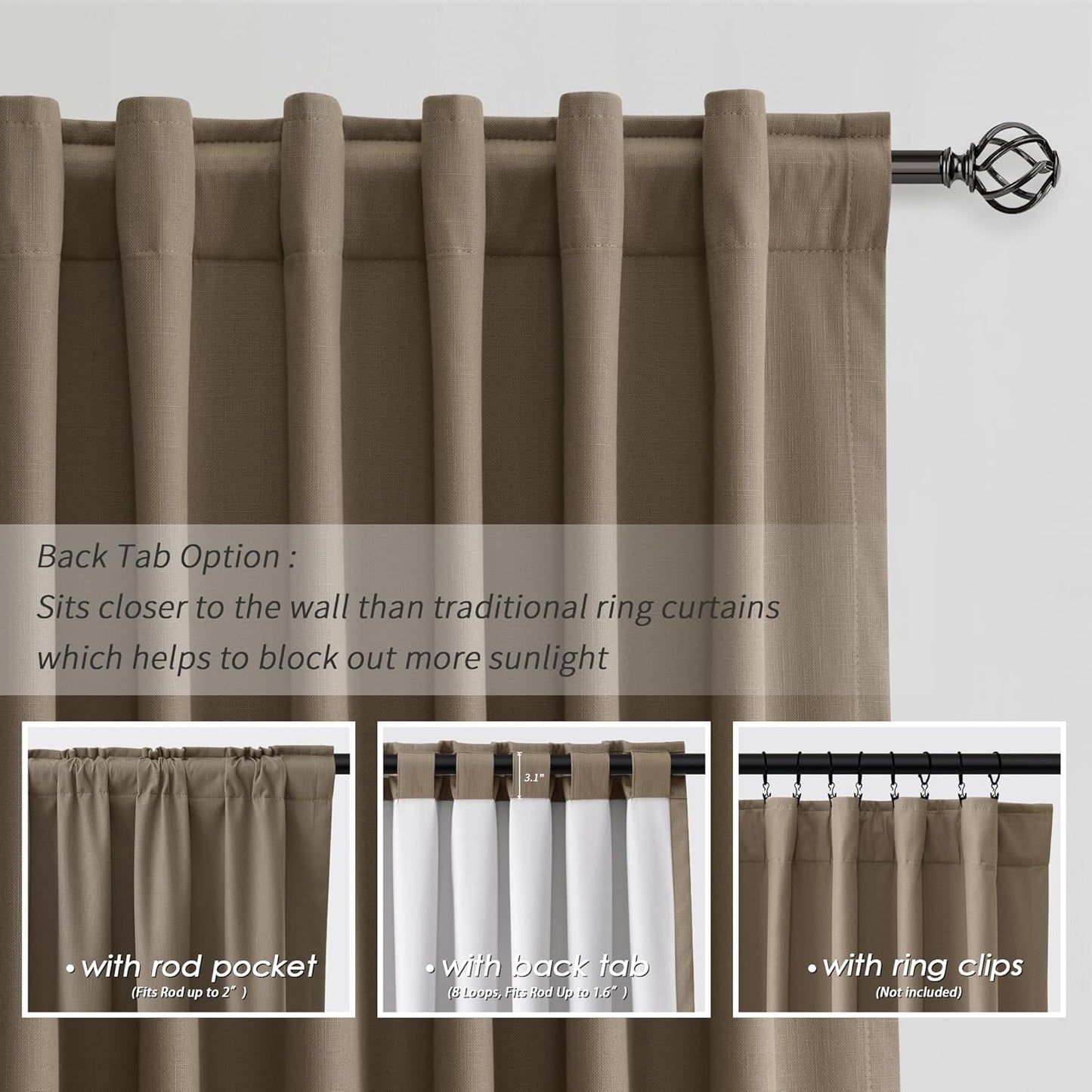 BOODII Room Darkening Curtains 120 Inch Back Tab Thermal Insulated Black Out Linen Drapes Extra Long Blackout Curtains for Patio Door Large Window Ceiling to Floor Light Blocking Dark Brown 52x120