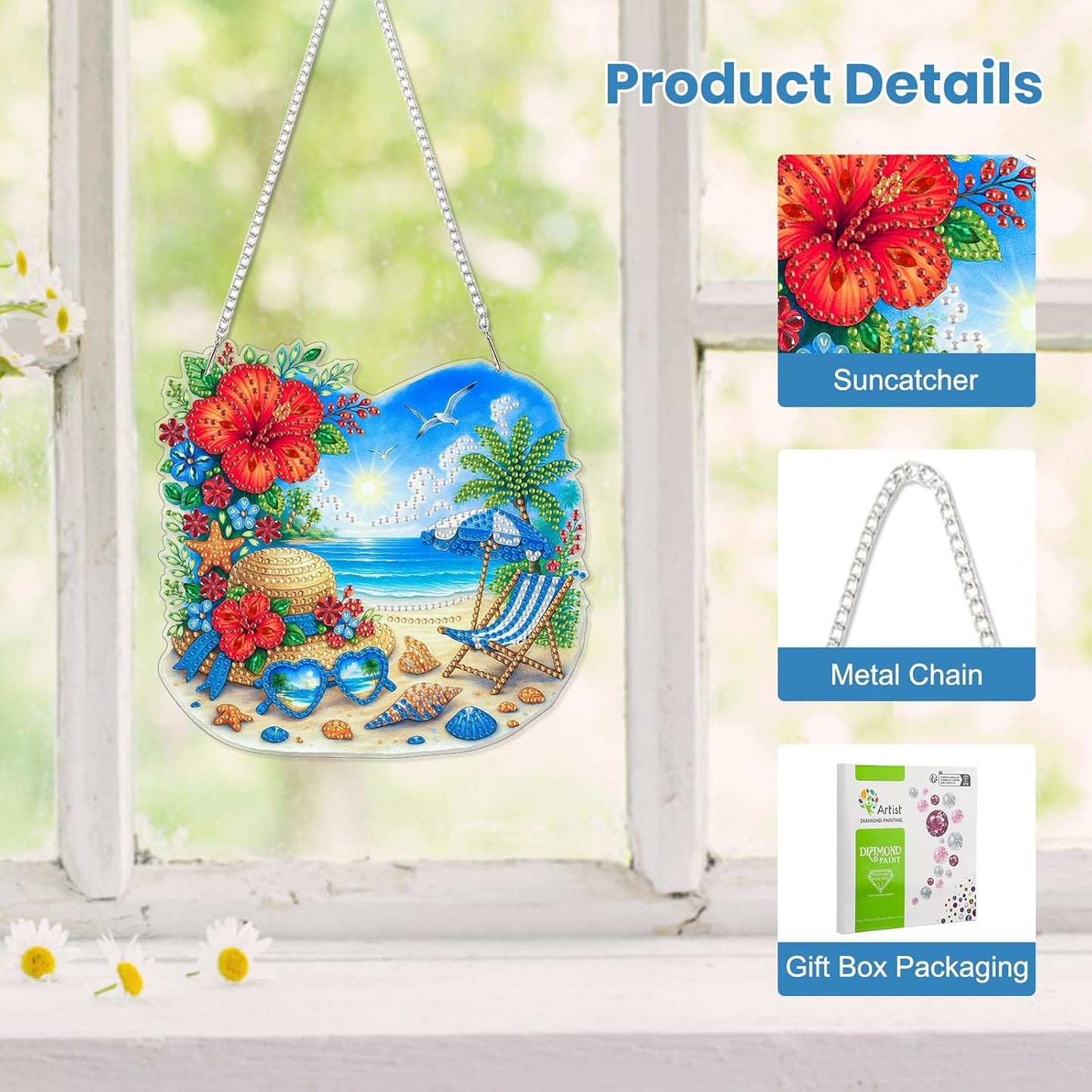 EOBROMD Diamond Hanging Art Kits for Adults, Beach Holiday DIY Special Shaped Rhinestone Kits for Adults, Diamond Art Painting Suncatcher, Window Pendants Home Garden Wall Hanging Ornament
