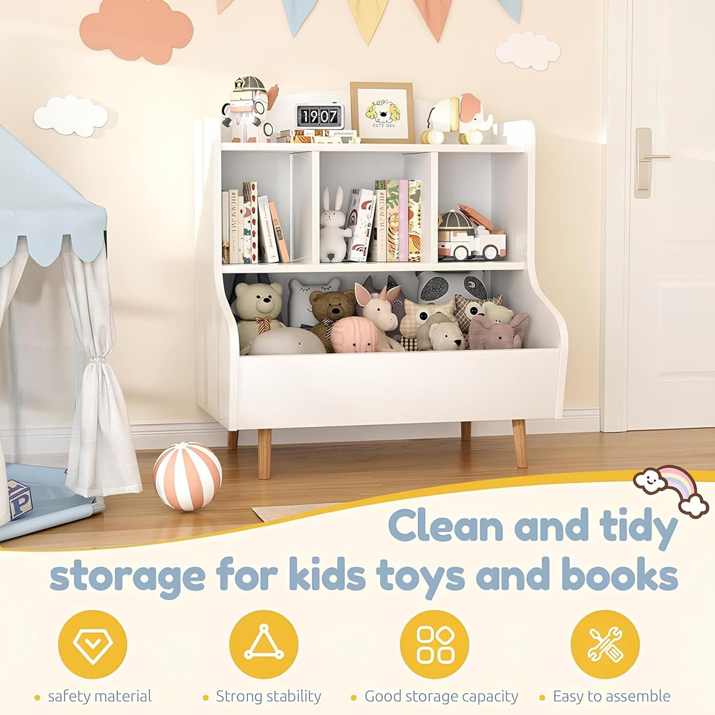 Kids Bookshelf and Toy Storage, 4-Cubby Toy Storage Organizer with Bookcase, Wood Kid Storage Cubby, 24"L x 14"D x 28"H Montessori Toy Shelf, Toddler Book Shelf for Kids Room Nursery Playroom