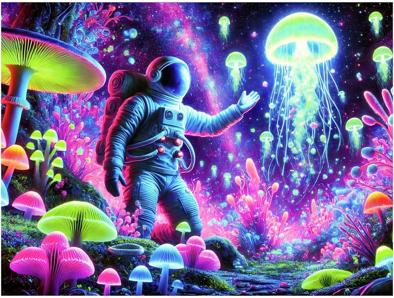 BlissYard Blacklight Astronaut Jellyfish Tapestry Trippy Mushroom Tapestry UV Reactive 59X78 inch Fantasy Plants Wall Tapestry Psychedelic Neon Galaxy Space Tapestry Wall Hanging for Room Boys Poster