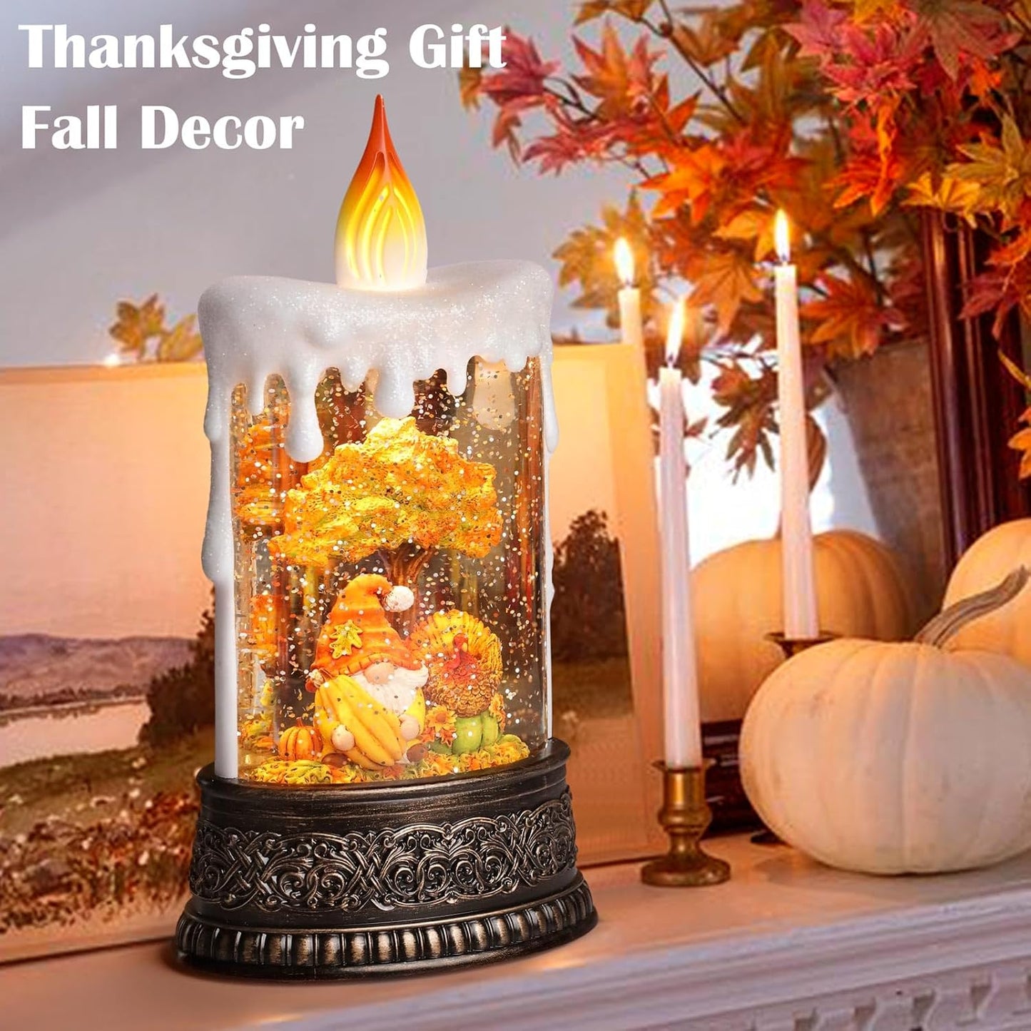 Fall Snow Globe Candle Fall Decorations for Home with Timer Gnome Turkey Pumpkin Autumn Harvest Fall Decor Indoor 9.7 inch