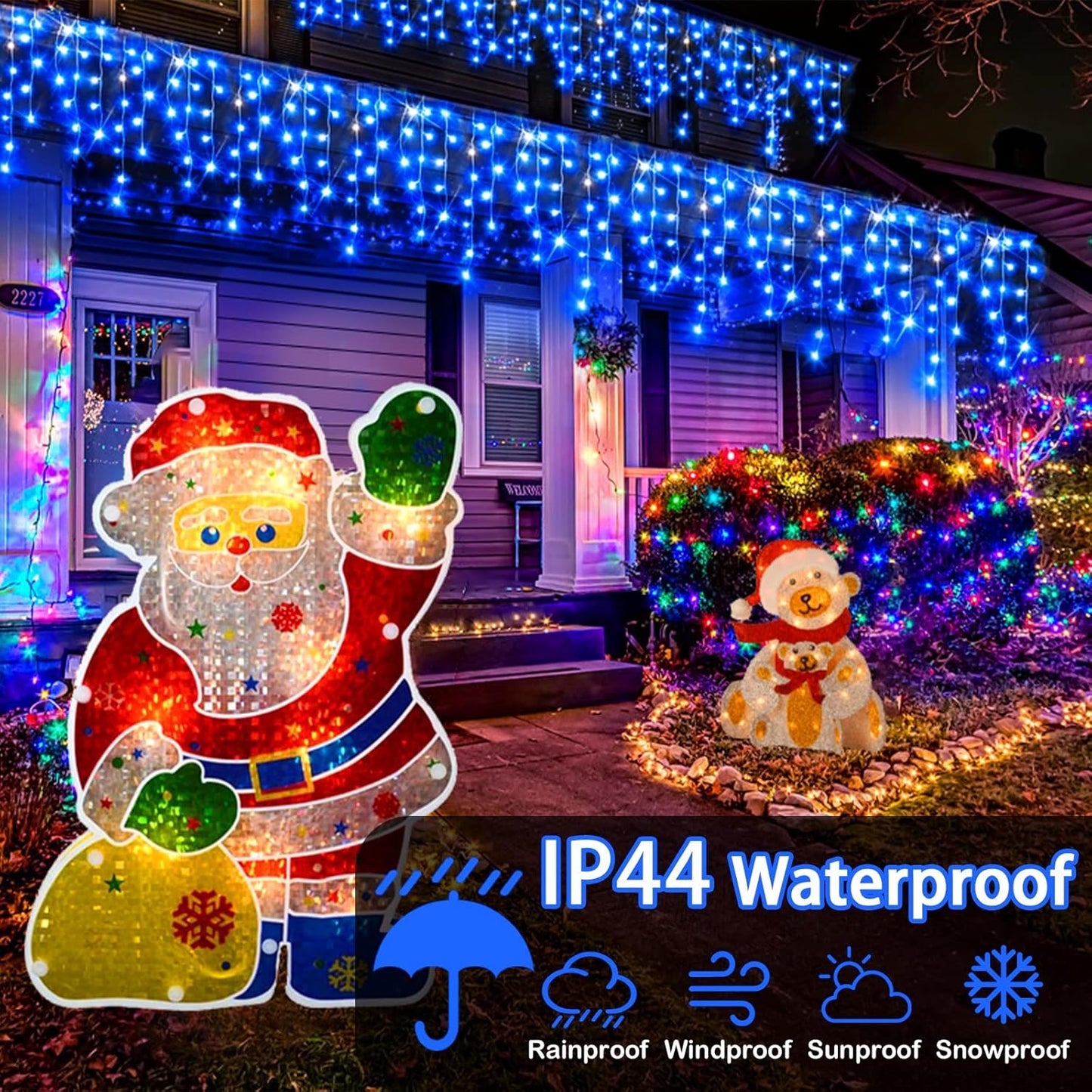 Christmas Lights Outdoor, 1280 LED 131FT Ice Lights for Outside, Clear Wire 8 Modes Plug in 240 Drops Ice String Lights with Timer Memory Function Hanging Light for Christmas Decor(Blue)