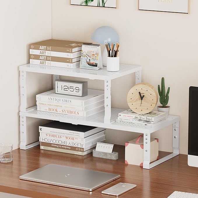 Metal Stackable Expandable Storage Shelf - Multi-Functional Home Storage Shelf, Suitable for Kitchen, Cabinet，Bathroom, Office, Garage, etc.（2PACKS/White/Medium