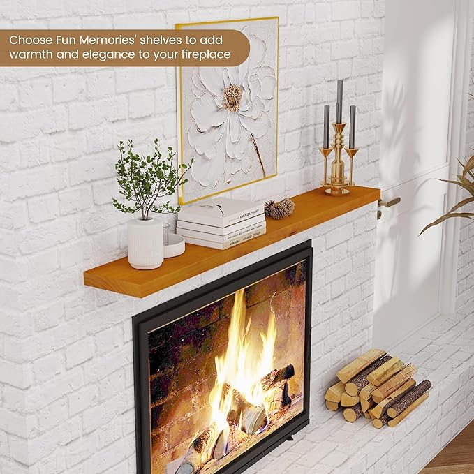 Fun Memories 55 Inches Floating Shelves - 8 Inch Deep Rustic Solid Pine Wood Wall Shelves for Storage - Farmhouse Wall Mounted for Living Room - Heavy-Duty Metal Bracket - 55" W x 8" D - Honey