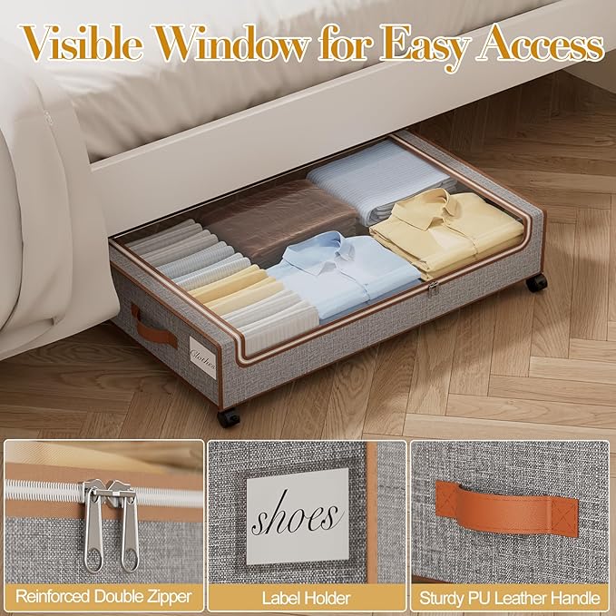 Yecaye Under Bed Storage with Wheels, 4 Pack Under Bed Storage Containers with Clear Lids & Label, XXL Large Lapacity Rolling Under Bed Drawers for Clothes, Shoes, Blankets