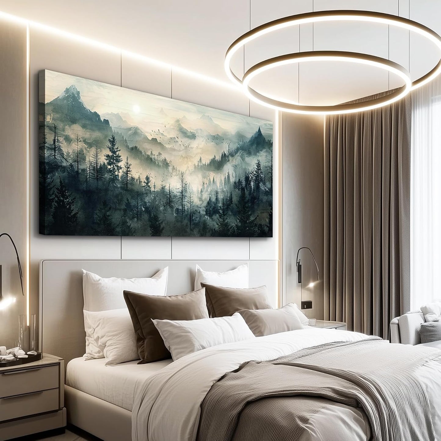 KELIYUAN Mountain View Canvas Wall Painting For Living Room Natural Landscape Painting Misty Forest Wall Decoration For Bedroom Home Decoration Modern Printed Artwork Can Be Hung Directly 20x40 In