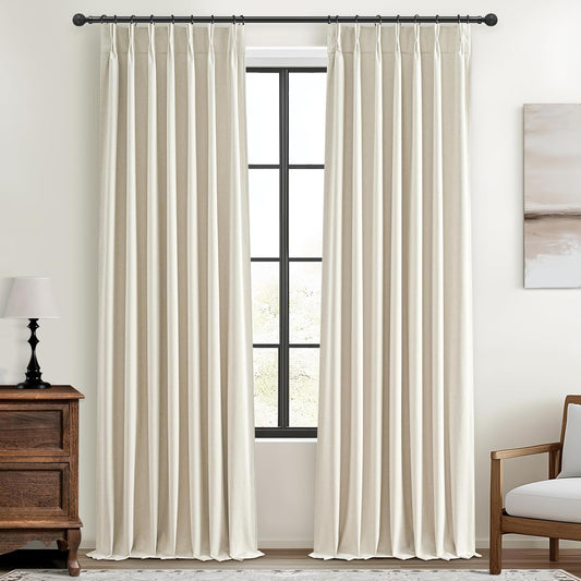 Room Darkening Cream Linen Curtains 92 Inches Long for Living Room/Bedroom, Neutral Pinch Pleated Blackout Heavy Curtain Insulated 2 Panels Set Floor to Ceiling for 93 Inch Window Drapes 40"W x 92"L