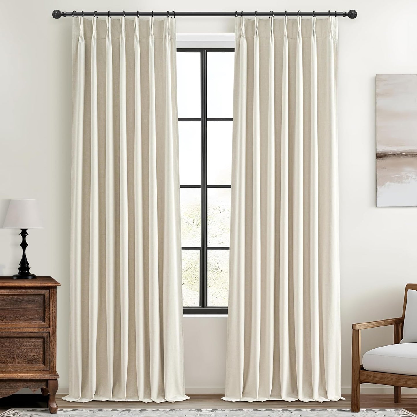 Extra Long Pleated Black Out Curtains 108 Inches Long for Living Room, Boho Cream Natural Linen Blend Patio Door Curtain with Track Back Tab 2 Panels Set Insulated Privacy Window Drapes 9 FT Length