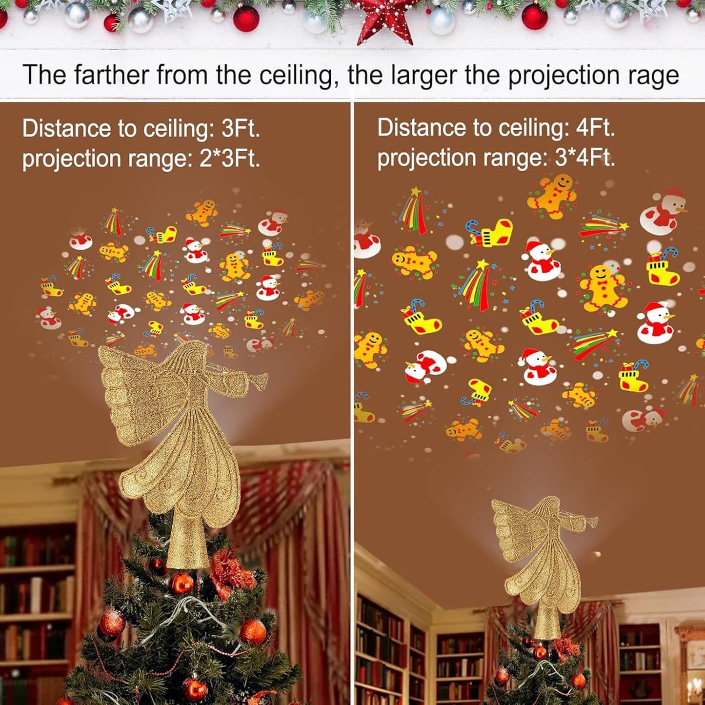 Christmas Angel Tree Topper with 6 Projection Modes, Hollowed Pentagram Tree Top with Gold Spangles Plated Plug in for Indoor Outdoor Christmas Decorations, Gold