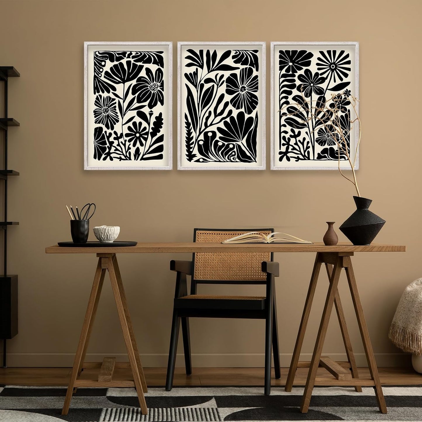 Abstract Floral Botanical Wall Art 16x11 Inch 3 Piece Black Vintage Boho Plant Flower Minimalist Wood Frame Sign Home Living Room Family Office Mid Century Print Wall Hanging Decor (White)