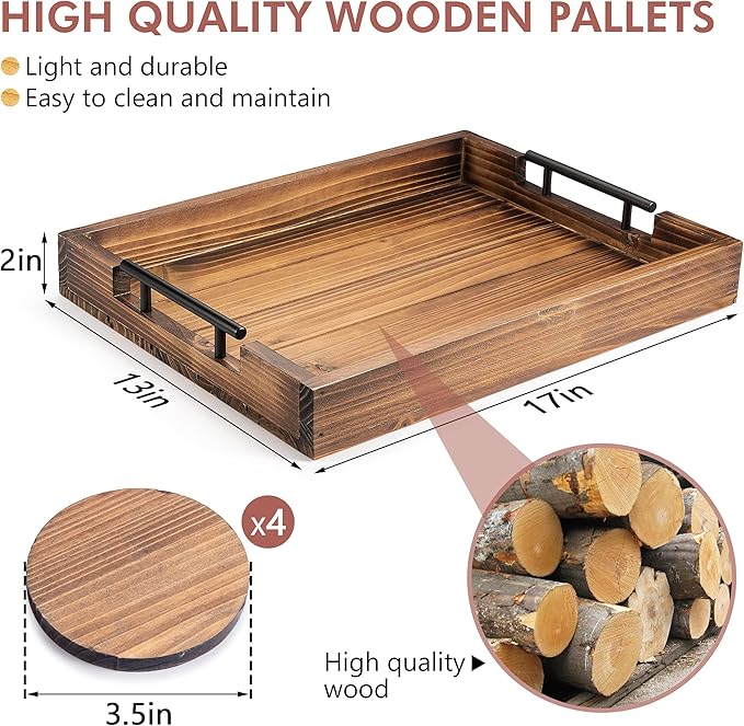 Ottoman Tray | Decorative Coffee Table Tray with Handles - Wooden, 17x13 Inch - Includes 4 Coasters - Ideal for Ottoman, Breakfast