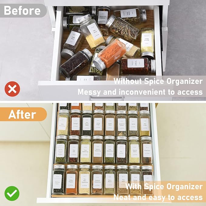 Spice Drawer Organizer with 18 Spice Jars,216 Labels,50 Non-slip Rubber, Bamboo 4 Tier Seasoning Rack Tray Insert for Kitchen Drawers,Cabinets,Countertop,9" Wide x 15.8" Deep