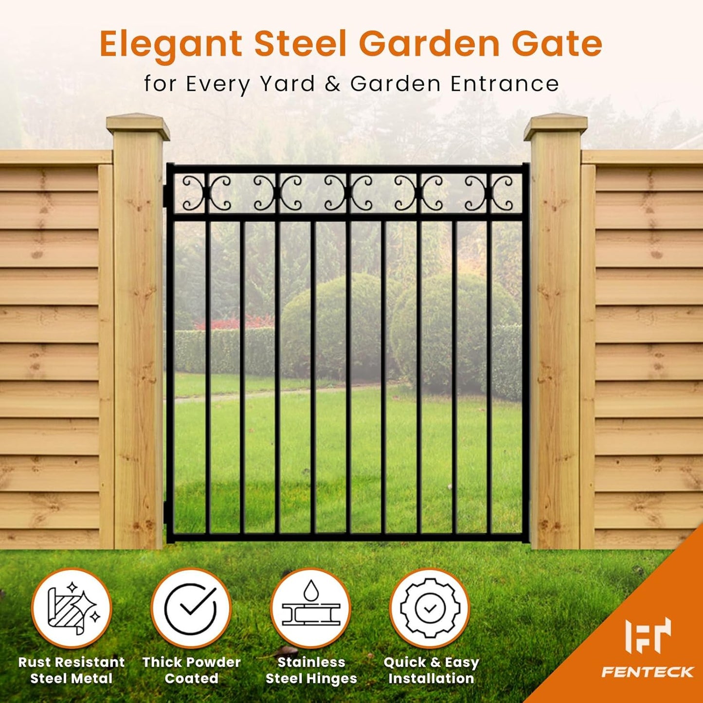Garden Fence Gate, 3.5' W x 4' H, Decorative Black Wrought Iron Outdoor Gate for Front Yard, Backyard & Patio, Elegant Design with Stainless Steel Hinges & Self-Locking Latch