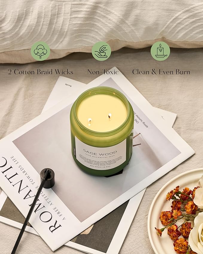 M&SENSE Sage Wood Scented Candle, 19.4oz 110 Hours Long Lasting Clean Non Toxic All Natural Soy Wax Candle for Relaxing & Stress Relief, 2 Wick Home Fragrance Gifts for Home Decor