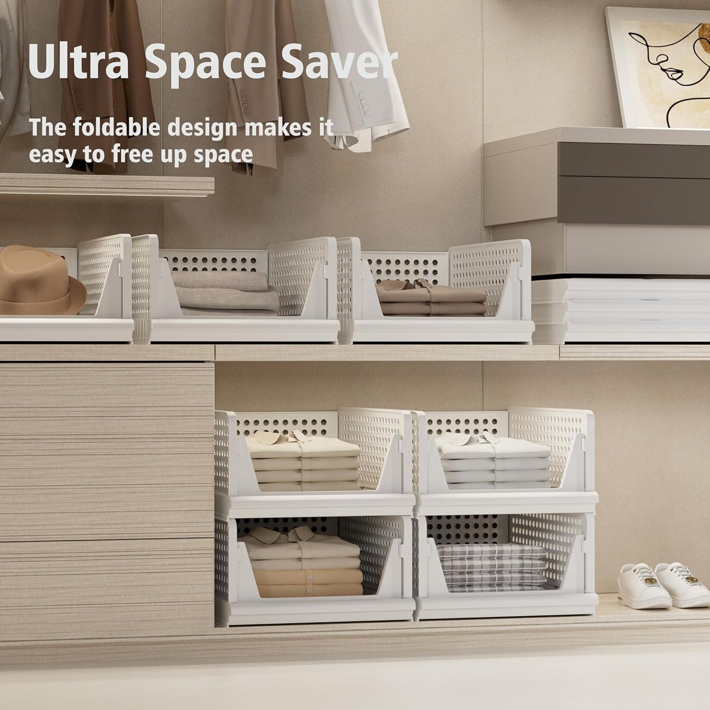 5 Pack Stackable Plastic Storage Basket Closet Organizer Bin Foldable Clothes Organizer Storage Drawer Shelf Container for Living room Bathroom Kitchen Office (3L+2S)