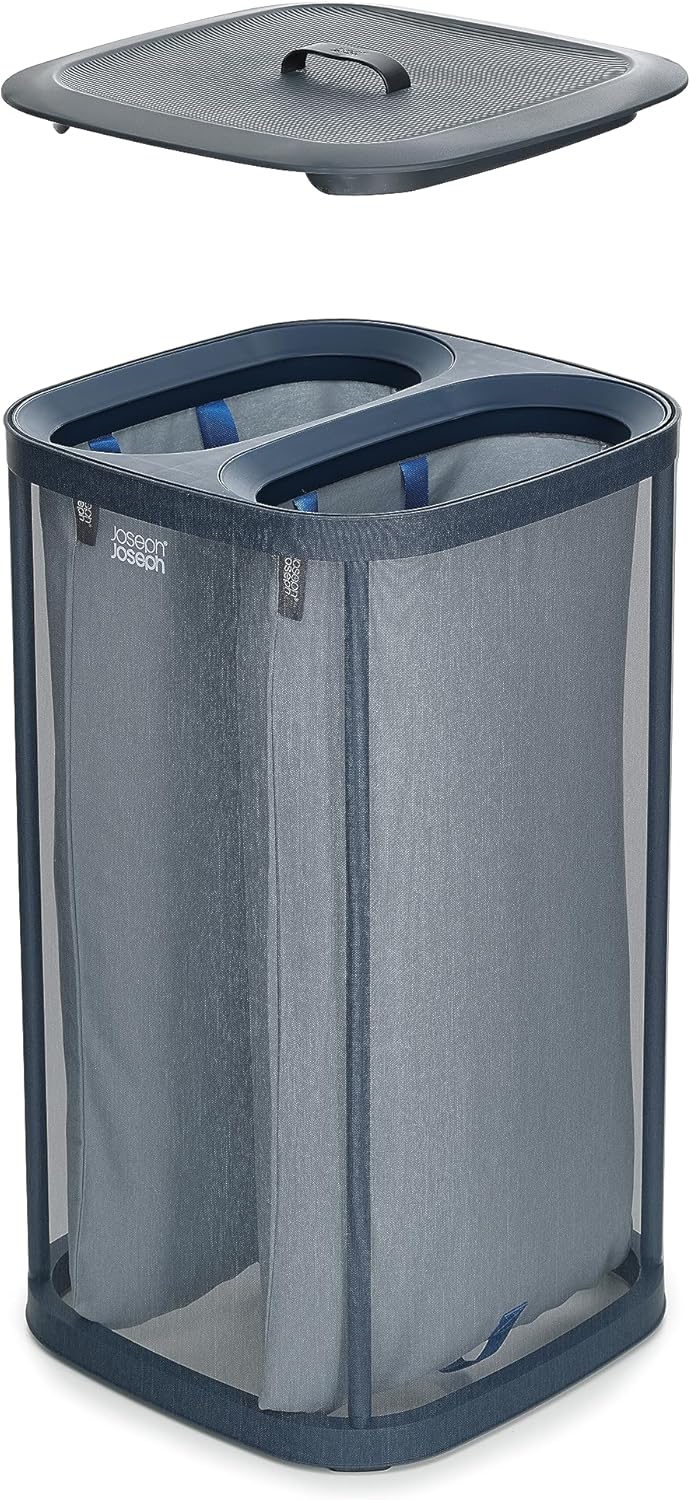 Joseph Joseph Tota 60 liter/15.8 gallon Laundry Hamper Separation Basket with lid, 2 Removable Washing Bags with Handles- Carbon Black