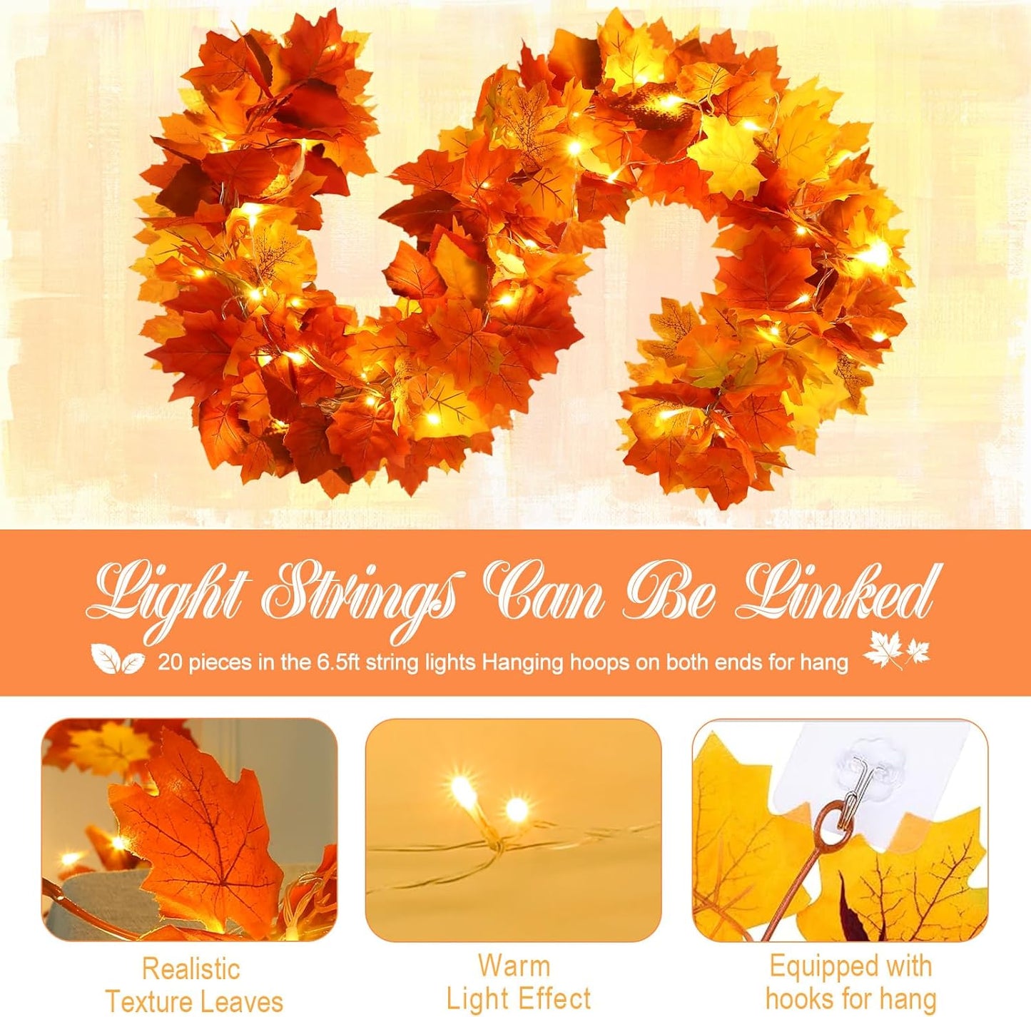 Joyhalo 6 Pack Fall Garland with Lights, Fall Leaves for Mantle, Outdoor Lighted Up Leaf Garland Autumn Decor with 6.5FT LED String Lights, Hanging Maple Leaves for Door, Thanksgiving Decor
