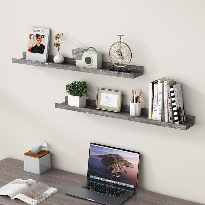 36 Inches Floating Shelves for Wall, Solid Pine Wood Picture Ledge Shelves, Wall Shelves with Lips, Nursery Book Shelves for Toys Storage Living Room Bedroom Photo Frames (2 Pcs, Grey)