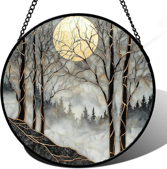Stained Glass Window Hanging - Black and White Gold Moon Forest Sun Catcher for Door Home Decor Suncatcher Christmas Mother's Day Birthday Gifts for Women Men Lovers Mom Nana 9.8 in