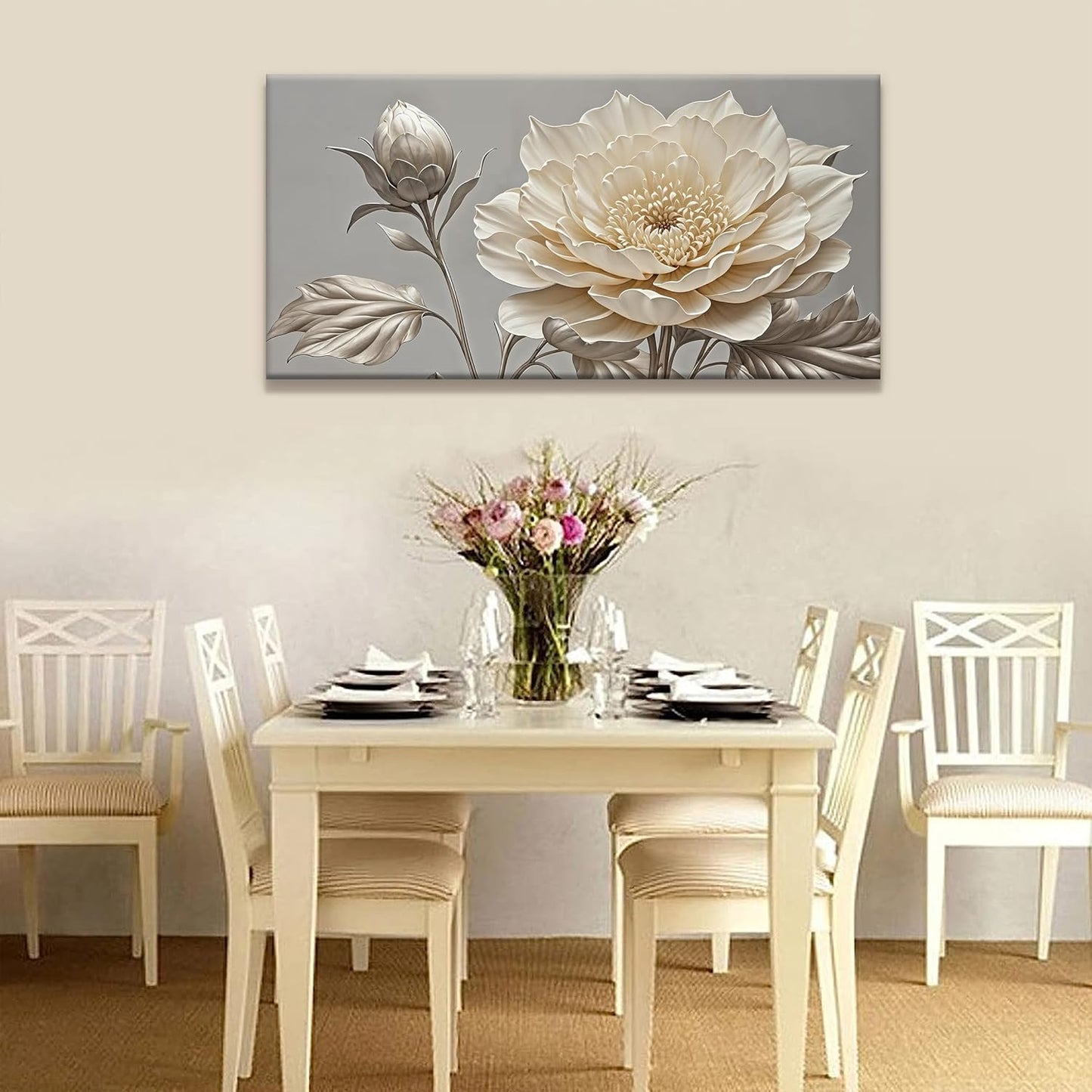 QSQ Canvas Art Wall Decor Print Paintings Silver White Flower Wall Art Prints Painting Pictures Ready To Hang Pictures For Bedroom Bathroom Office Kitchen Home Wall Decor Artwork 20" × 40"