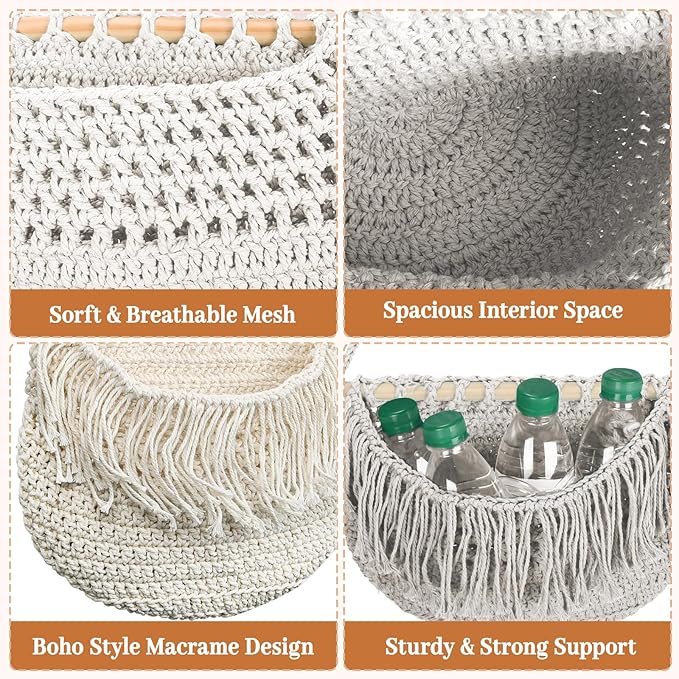 4 Tier Hanging Fruit Basket for Kitchen, 4 Pack Detachable Cotton Crocheted Wall Hanging Baskets Shelf Over Door Organizer for Fruit Veggie Plant, Hanging Storage Basket for Bathroom Bedroom(Beige)