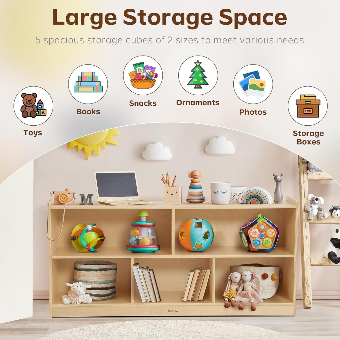 Toy Storage Organizer for Kids Room, Wooden Kids Bookshelf for Classroom, Cube Storage Organizer for Playroom, 5-Section Montessori Bookshelf & Toy Shelf for Nursery