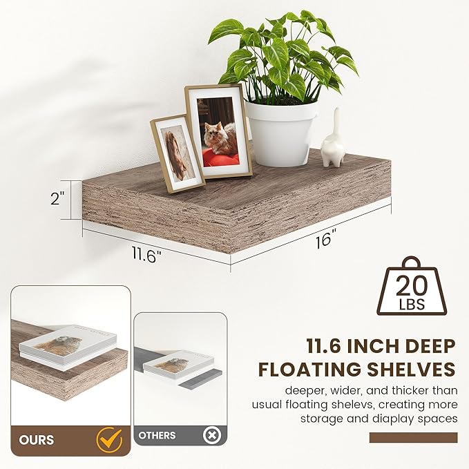 Deep Floating Shelves for Wall | 16 Inch Wide x 12 Inch Deep Floating Shelves Set of 2 | Rustic Grey Wood Wide Wall Shelves | Bookshelf Laundry Shelf TV Shelf