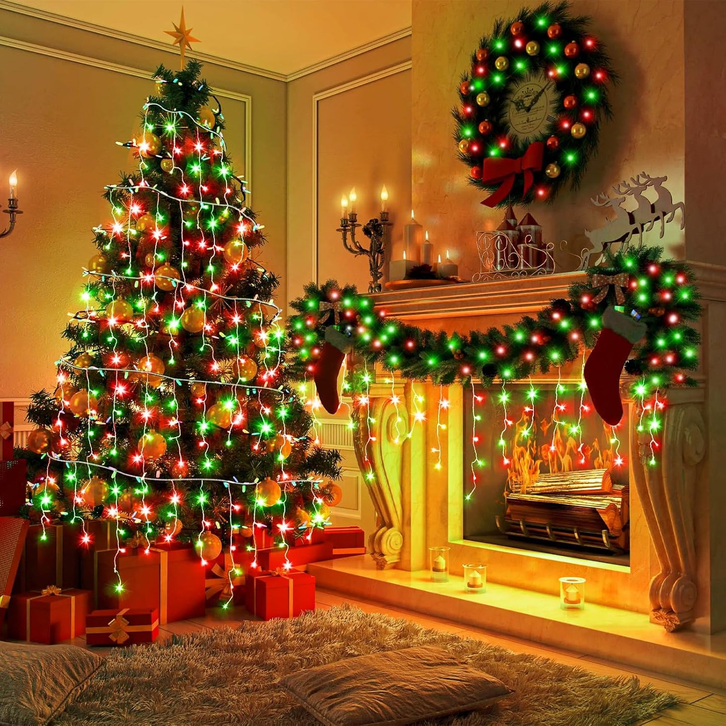 33ft Icicle Lights for Outside, Red and Green Christmas Lights Outdoor Indoor, 400 LED Twinkle String Lights with 75 Drops, Clear Wire Short Curtain Lights for Thanksgiving Room Home Wall Bedroom