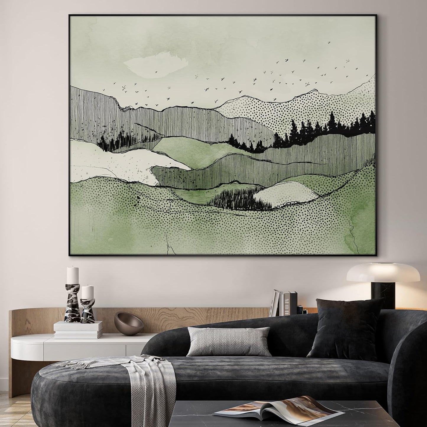 SIGNWIN 60"x72" Extra Large Framed Wall Art Green Line Art Mountain Landscape Illustration for Home Living Room Bedroom Decor (Frame Assembly Required)