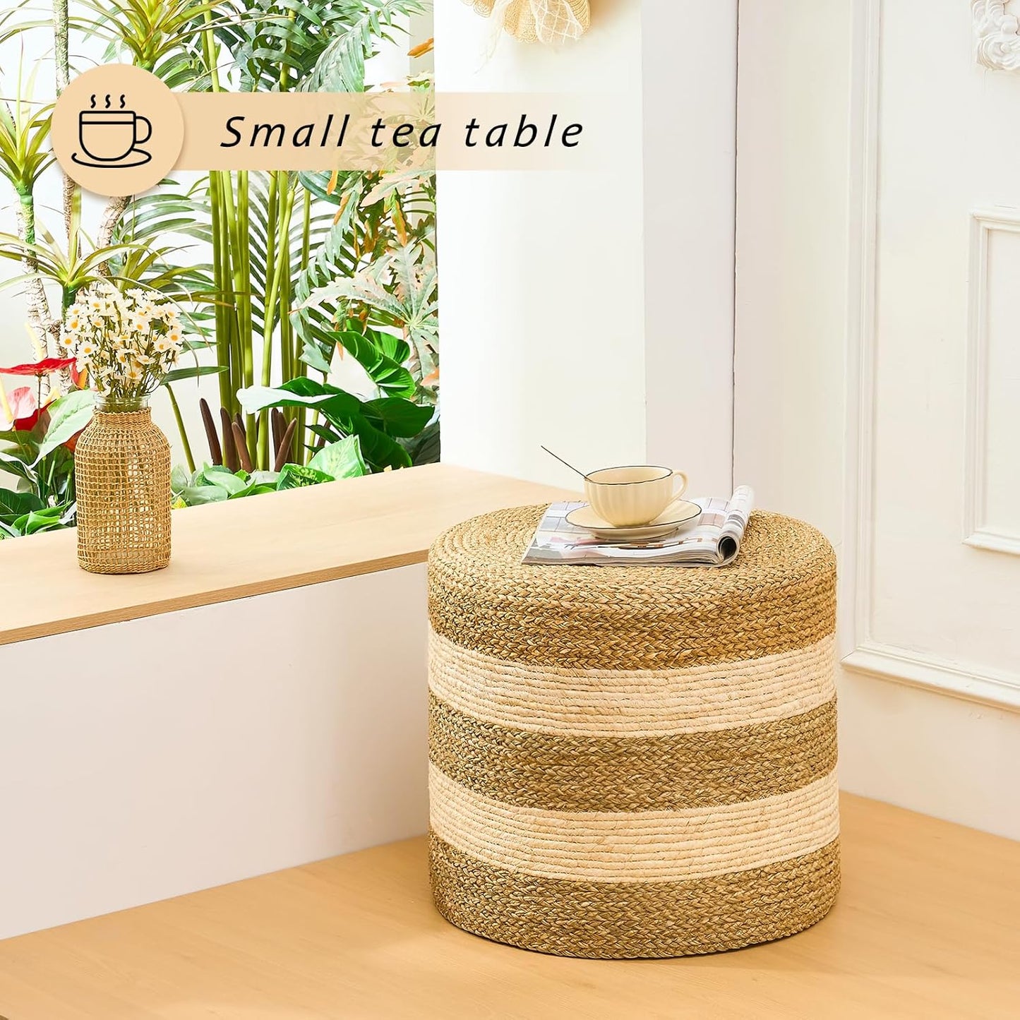 Handwoven Ottoman Pouf, Natural Seagrass Footstool, Round Braided Outdoor Seat with Sturdy Frame, Boho Accent Stool for Patio, Balcony, or Garden (Seagrass White)