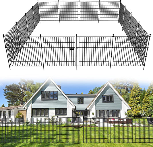 15 Panels No Dig Decorative Outdoor Garden Fence with Gate for Yard, 32 in(H) X 35.4 ft(L) Animal Barrier Fencing Rustproof Metal Wire Panel Border for Dog, Rabbits, and Patio Temporary Ground Stakes