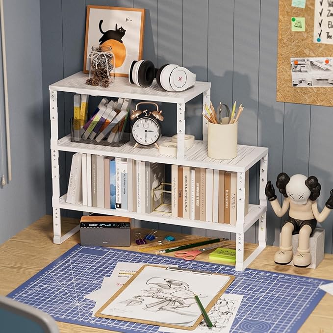 Expandable Spice Rack Kitchen Cabinet Shelf Organizer, Stackable Storage Shelves Racks, Adjustable Counter Shelving for Cabinets, Countertop, Cupboard,Pantry and More(2Packs/White/Large)