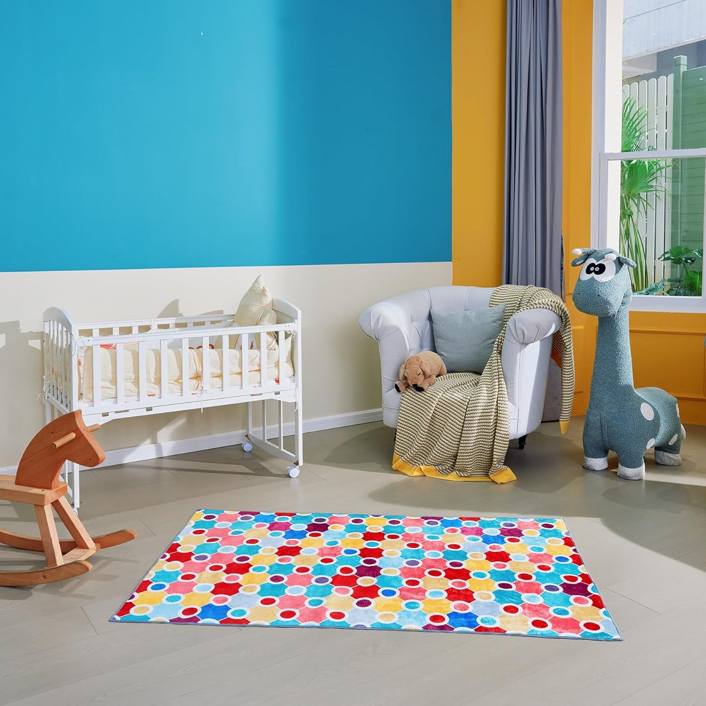 Machine Washable Polka Dot Rug for Kids Area - Multicolor Soft Rug for Nursery/Playroom/Classroom - 5x8