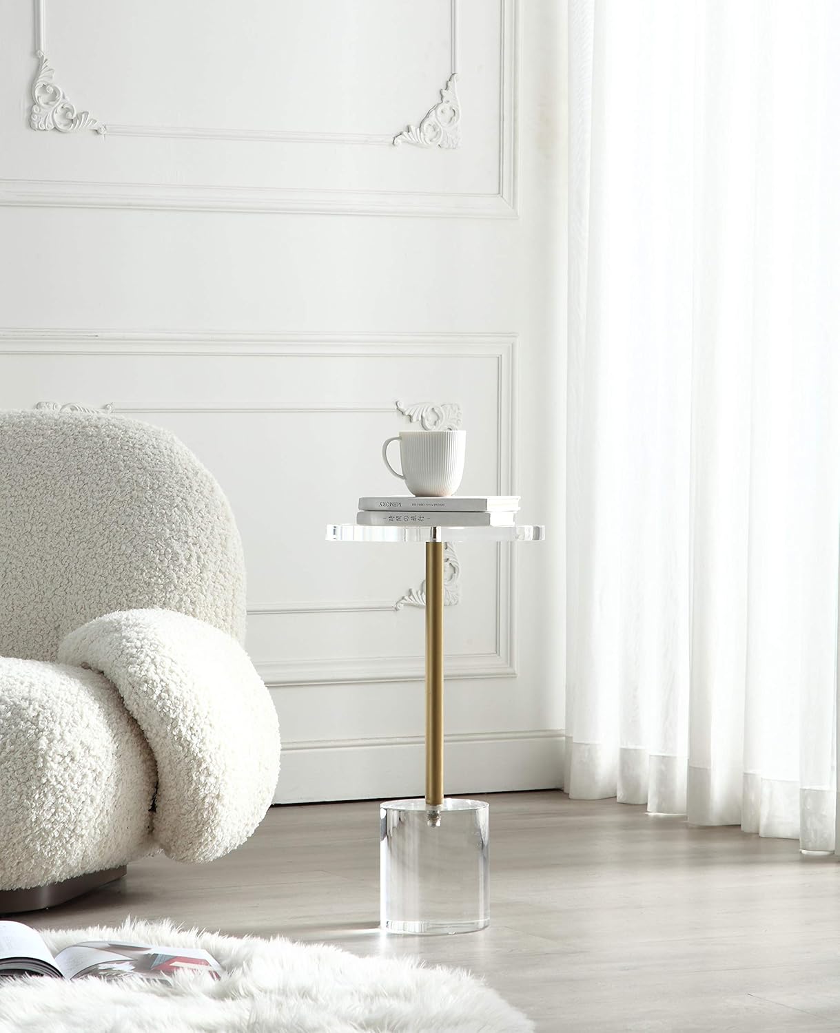 Clear Acrylic End Table,Side Table,Brushed Brass Metal,Round,for Office, Living Room and Bedroom,Easy Assembly,12x12 inch，21.3 inch high