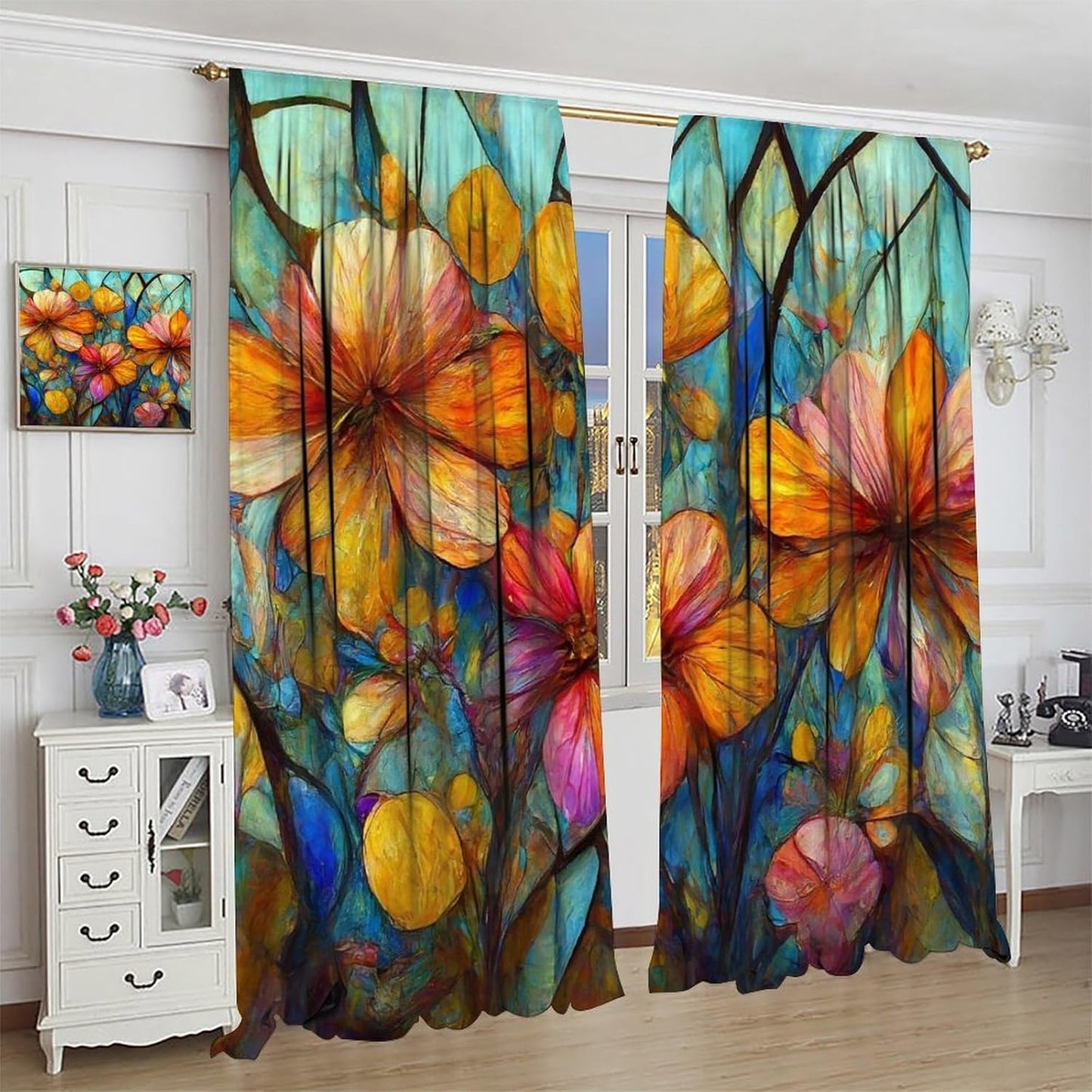 Stained Glass Curtains,Magic Forest Colorful Flowers Abstract Art Home Decor Drapes for Bedroom Living Room Kitchen Window Treatment 2 Panels Set Total Size 55" W X 63" L Inch