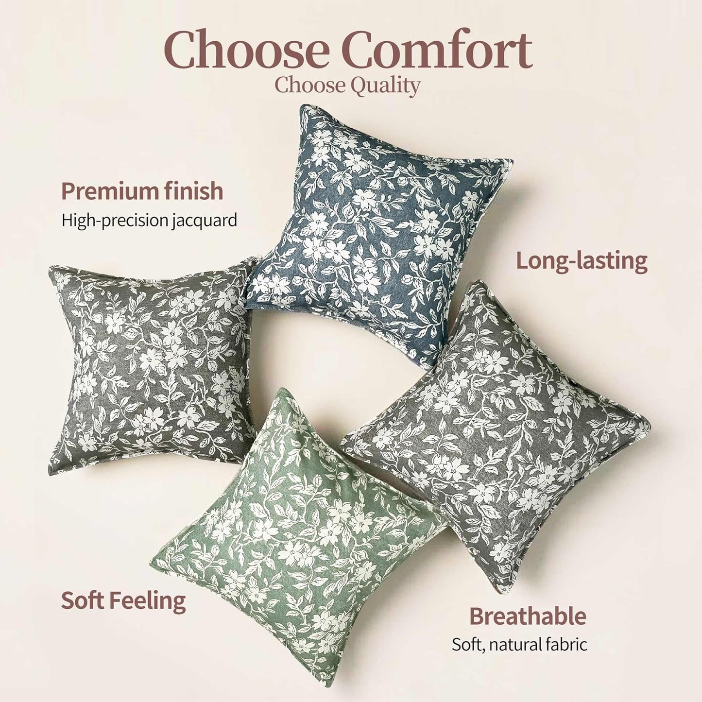 Gray Floral Pillow Covers 18x18 Pack of 2 Pillow Cover Jacquard Couch Pillows Vintage Flower Pattern Decorative Throw Pillowcases for Living Room