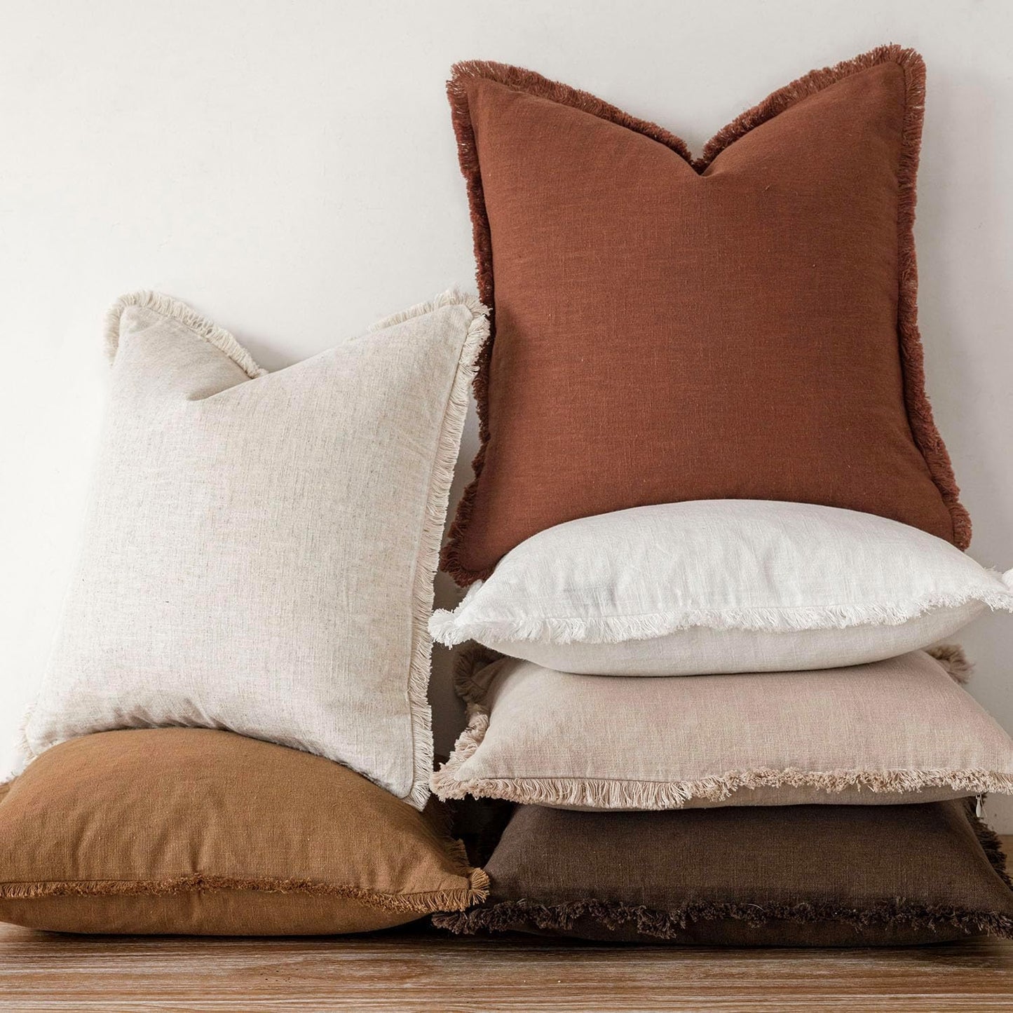 Foindtower Set of 2 Decorative Linen Fringe Throw Pillow Covers Farmhouse Cushion Cover with Tassels Soft Accent Pillowcase for Couch Chair Sofa Bed Living Room Home Decor,24×24 Inch,Fall Rust Orange