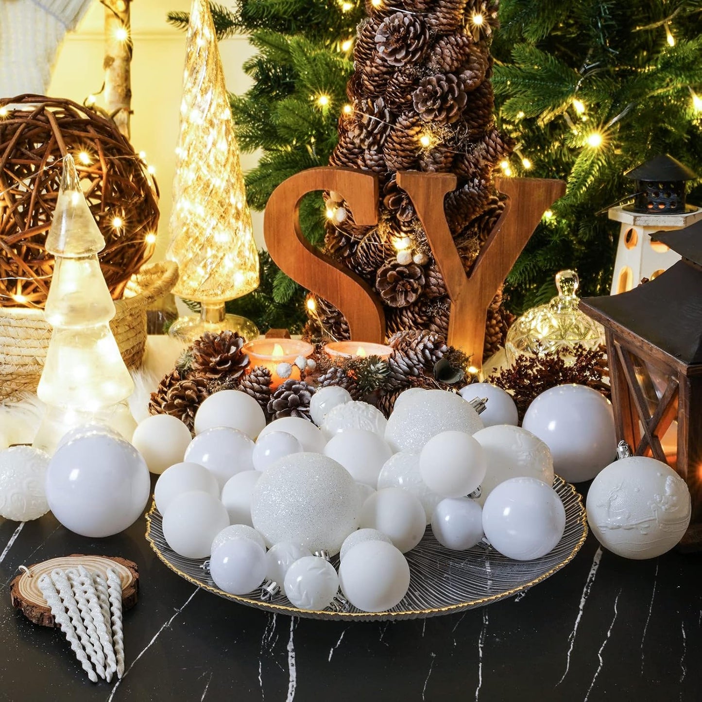 Christmas Ball Ornaments for Christmas Decorations - 41 Pieces Xmas Tree White Shatterproof Ball Ornaments with Hanging Loop for Holiday and Party Decoration