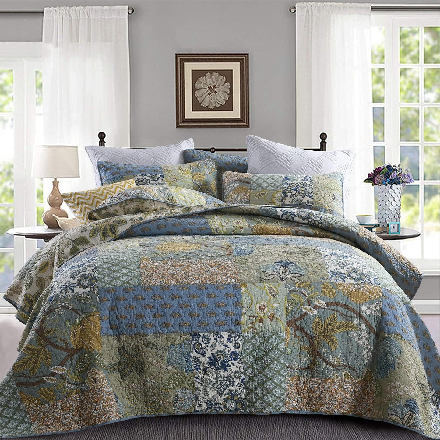Yvooxny Quilt Set Queen Bedspread Reversible Green Farmhouse Garden Coverlet Real Patchwork Quilt Set for All Seasons, Bohemian Floral Pattern, Queen Size