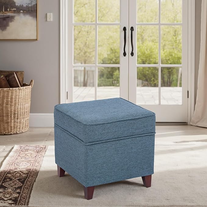 Adeco 17" Square Ottoman with Storage, Small Blue Storage Ottoman Foot Rest with Hinged Lid & Solid Wood Legs, Linen Fabric Foot Stool for Living Room & Bedroom