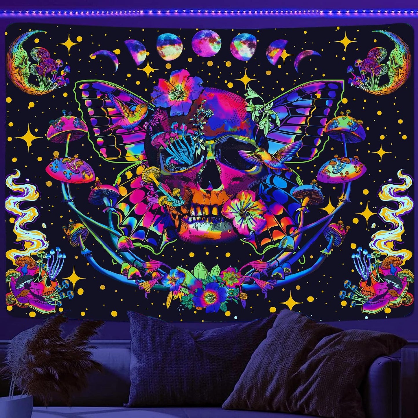 Xiaoput Blacklight Skull Tapestry, UV Reactive Mushroom Butterfly, Aesthetic Moth Moon Flowers, Hippie Skeleton Wall Hanging for Bedroom, Living Room, Home, Dorm 80x60IN